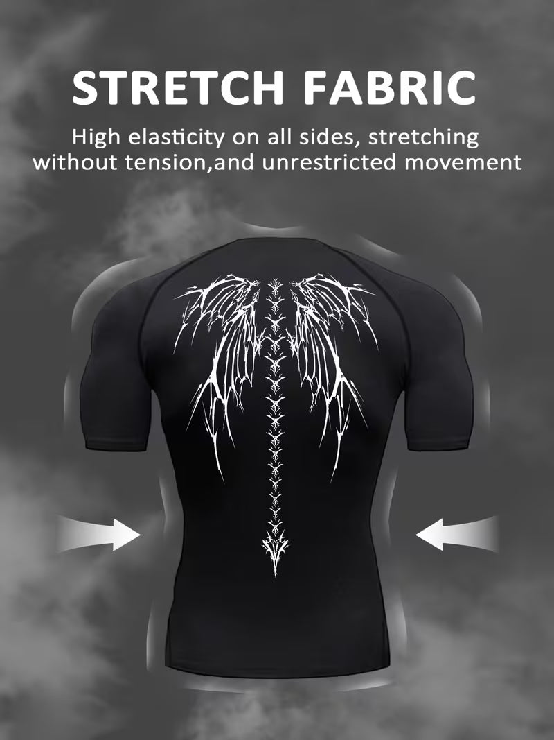 Męska koszulka sportowa z krótkim rękawem i nadrukiem skrzydeł, idealna do treningu, biegania