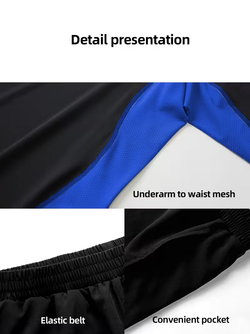 3-częściowy męski zestaw treningowy - oddychająca siateczka, długi rękaw i legginsy z kontrastowymi kolorami, wysoce elastyczny strój na siłownię i do biegania, do koszykówki, treningu, pieszych wędrówek - całoroczny strój fitness