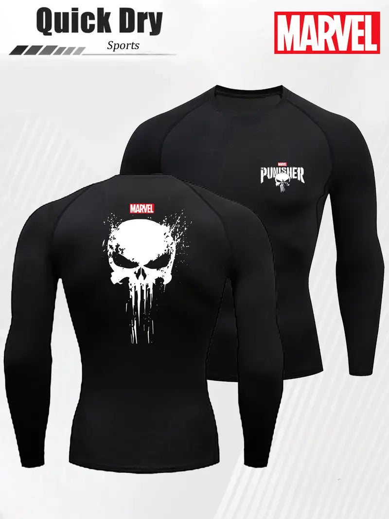 Męska sportowa koszulka „Skull” – czarna, długi rękaw, oddychający stretch Punisher