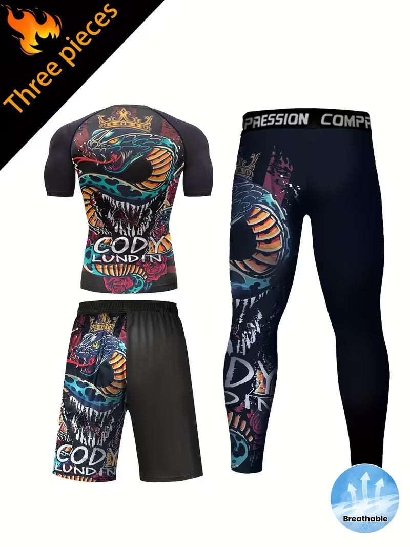 Męski zestaw treningowy BJJ / MMA „Bóg Wojny” – rashguard krótki rękaw + spodenki + legginsy
