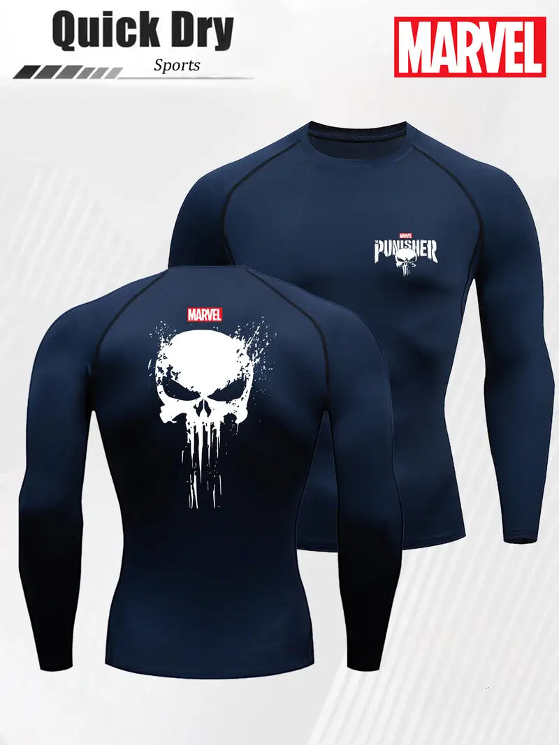 Męska sportowa koszulka „Skull” – czarna, długi rękaw, oddychający stretch Punisher