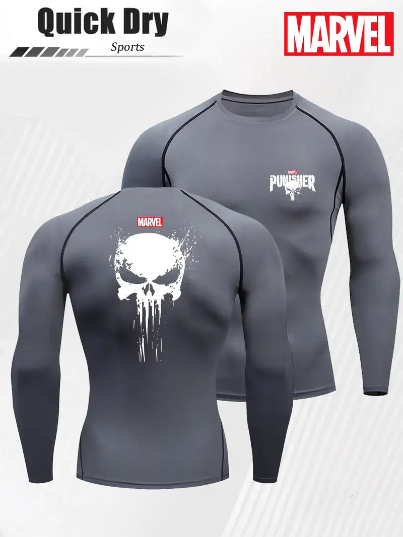 Męska sportowa koszulka „Skull” – czarna, długi rękaw, oddychający stretch Punisher