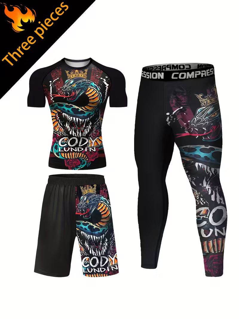 Męski zestaw treningowy BJJ / MMA „Bóg Wojny” – rashguard krótki rękaw + spodenki + legginsy