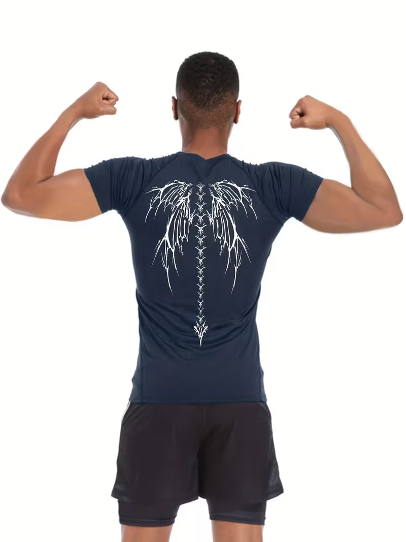 Męska koszulka sportowa z krótkim rękawem i nadrukiem skrzydeł, idealna do treningu, biegania