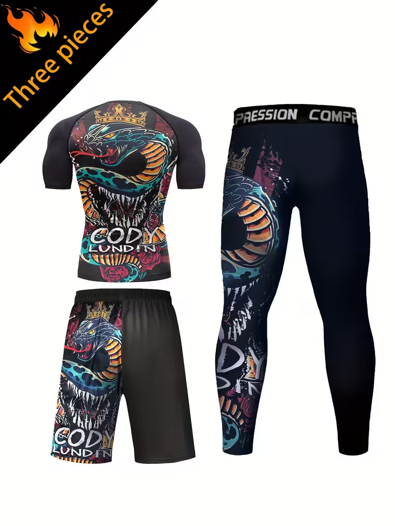 Męski zestaw treningowy BJJ / MMA „Bóg Wojny” – rashguard krótki rękaw + spodenki + legginsy